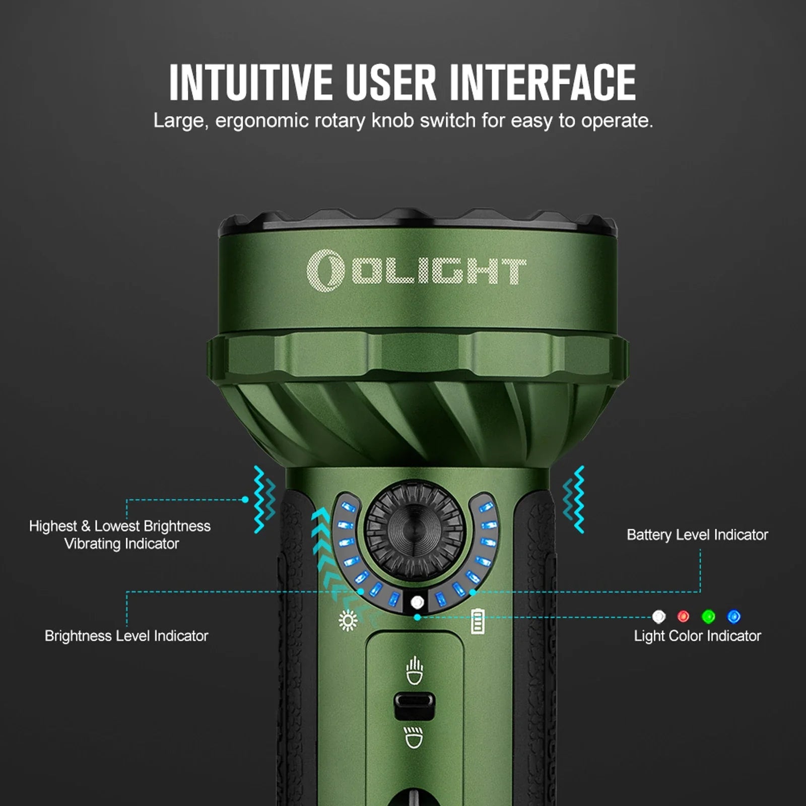 Olight Marauder Mini OD Green rear view showing the tailcap and lanyard attachment
