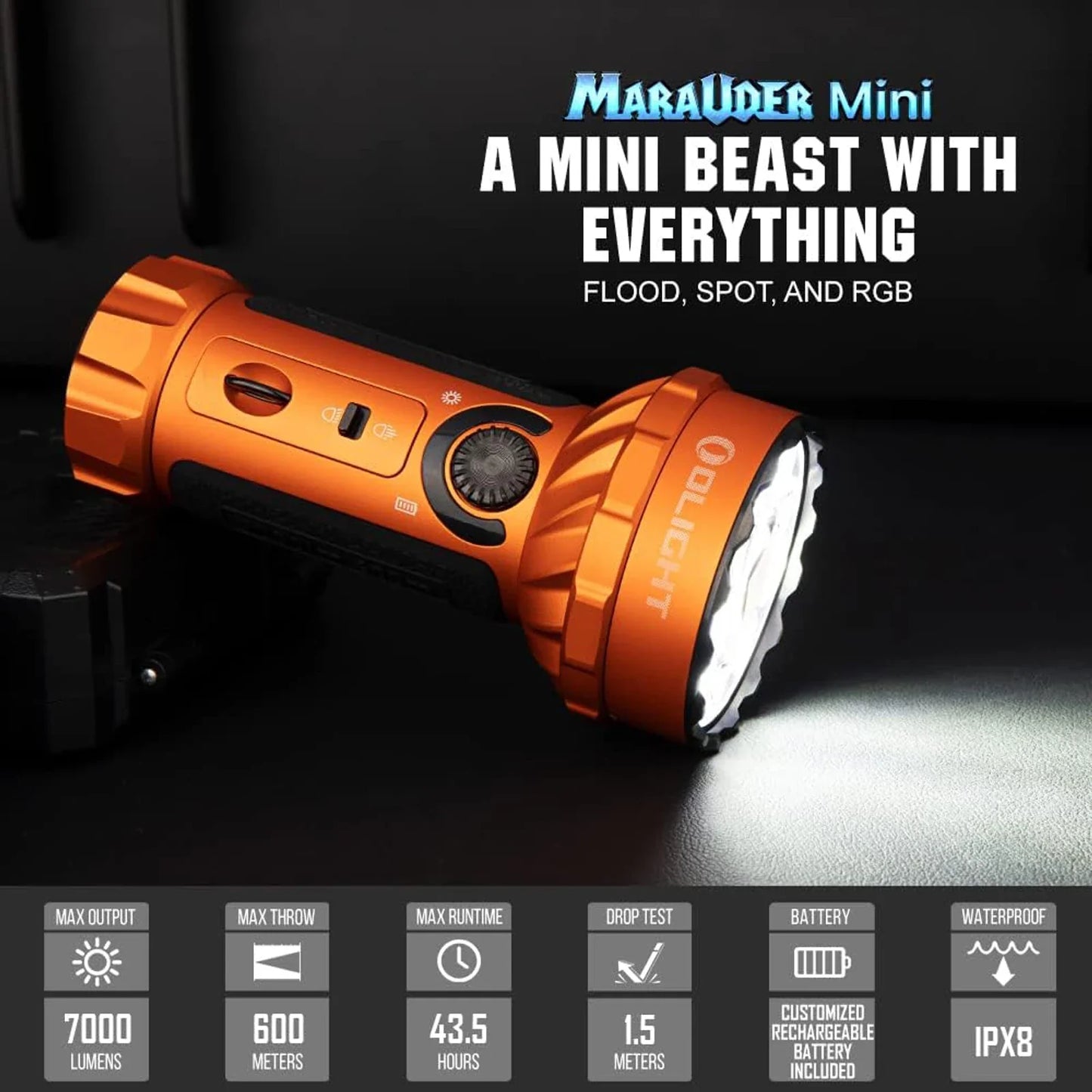 Olight Marauder Mini specifications – 7,000 lumens, 600 meter throw, 43.5 hour max runtime, IPX8 rated