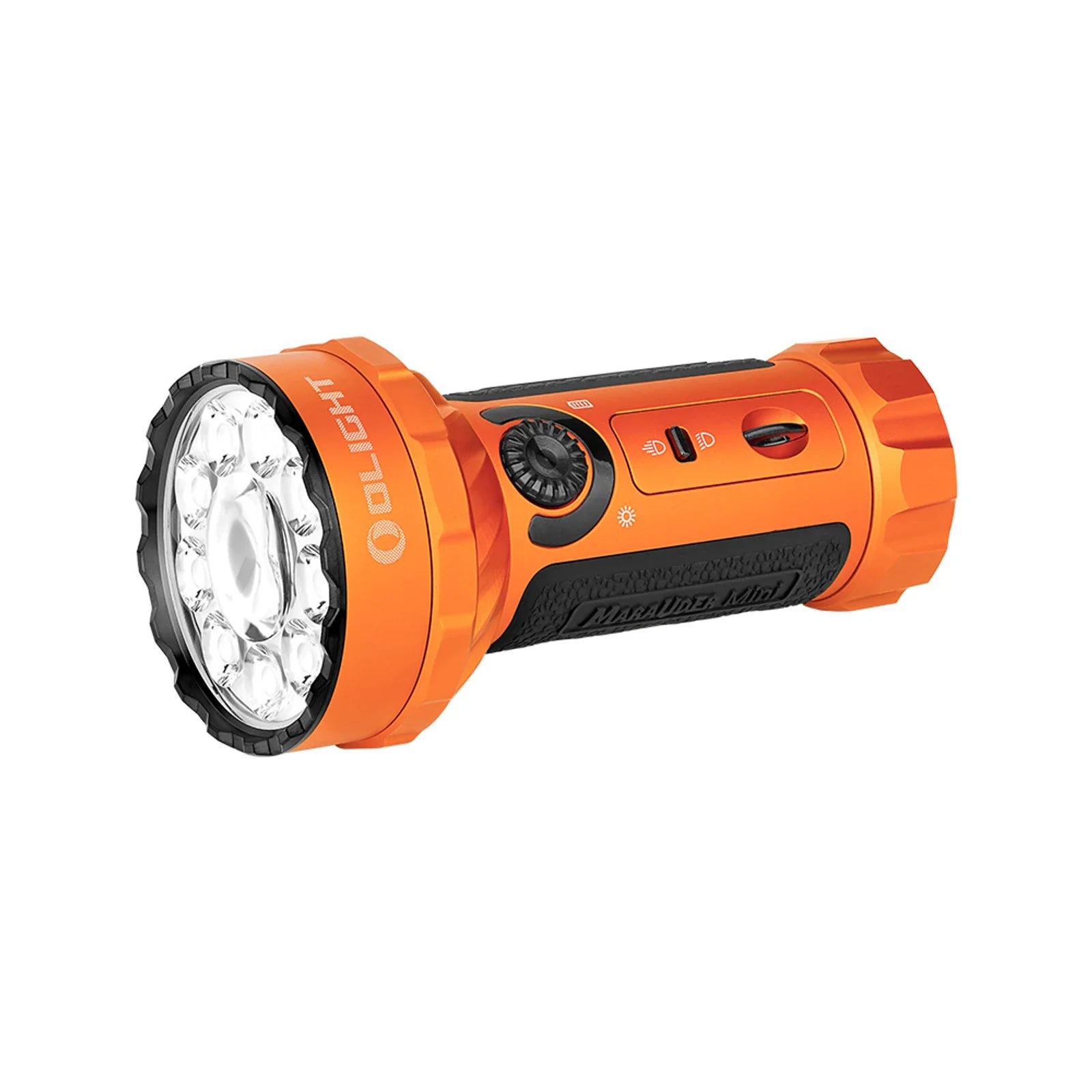 Olight Marauder Mini Orange angled view showing the LED array and cooling fins