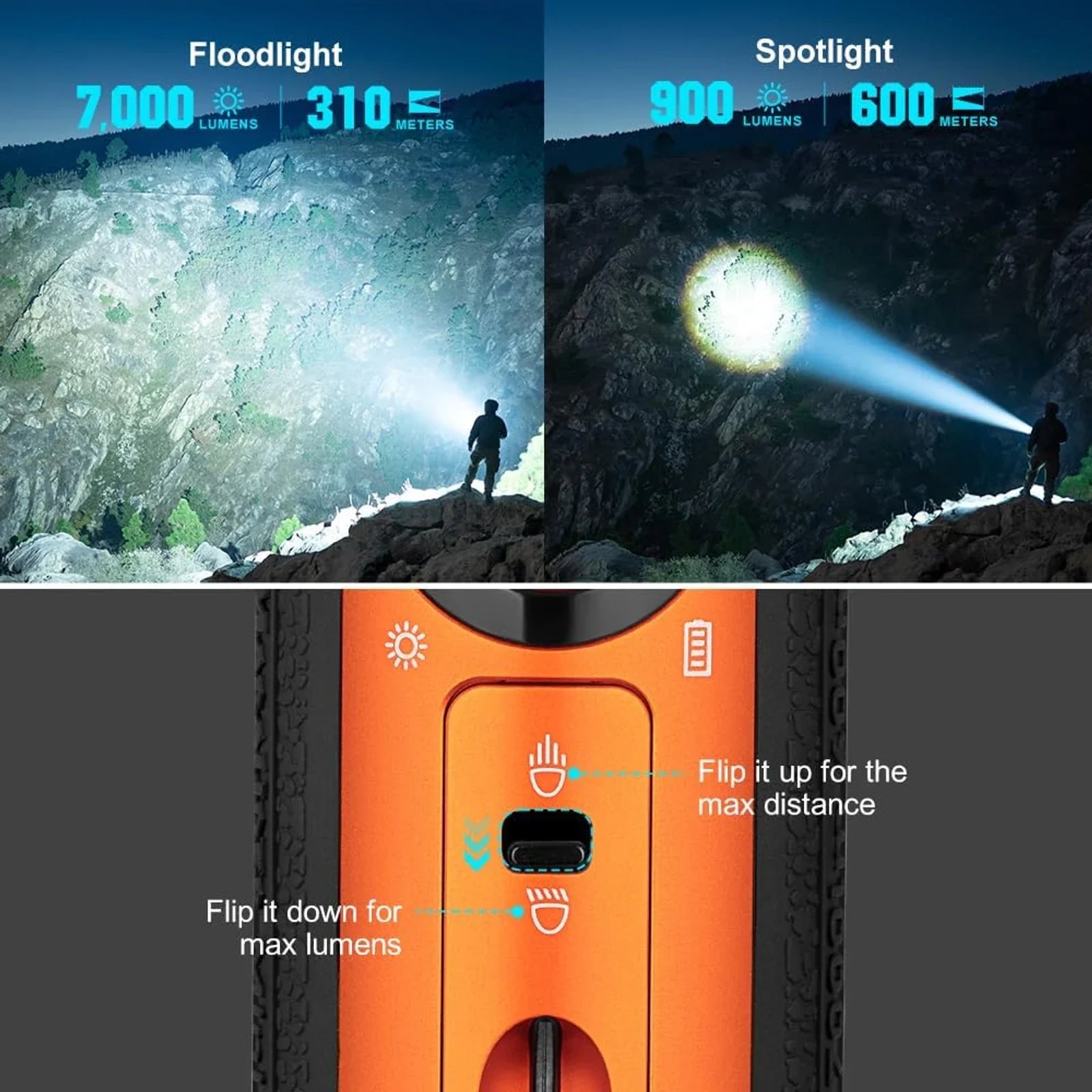 Olight Marauder Mini floodlight and spotlight comparison – flip the toggle down for max lumens or up for max distance
