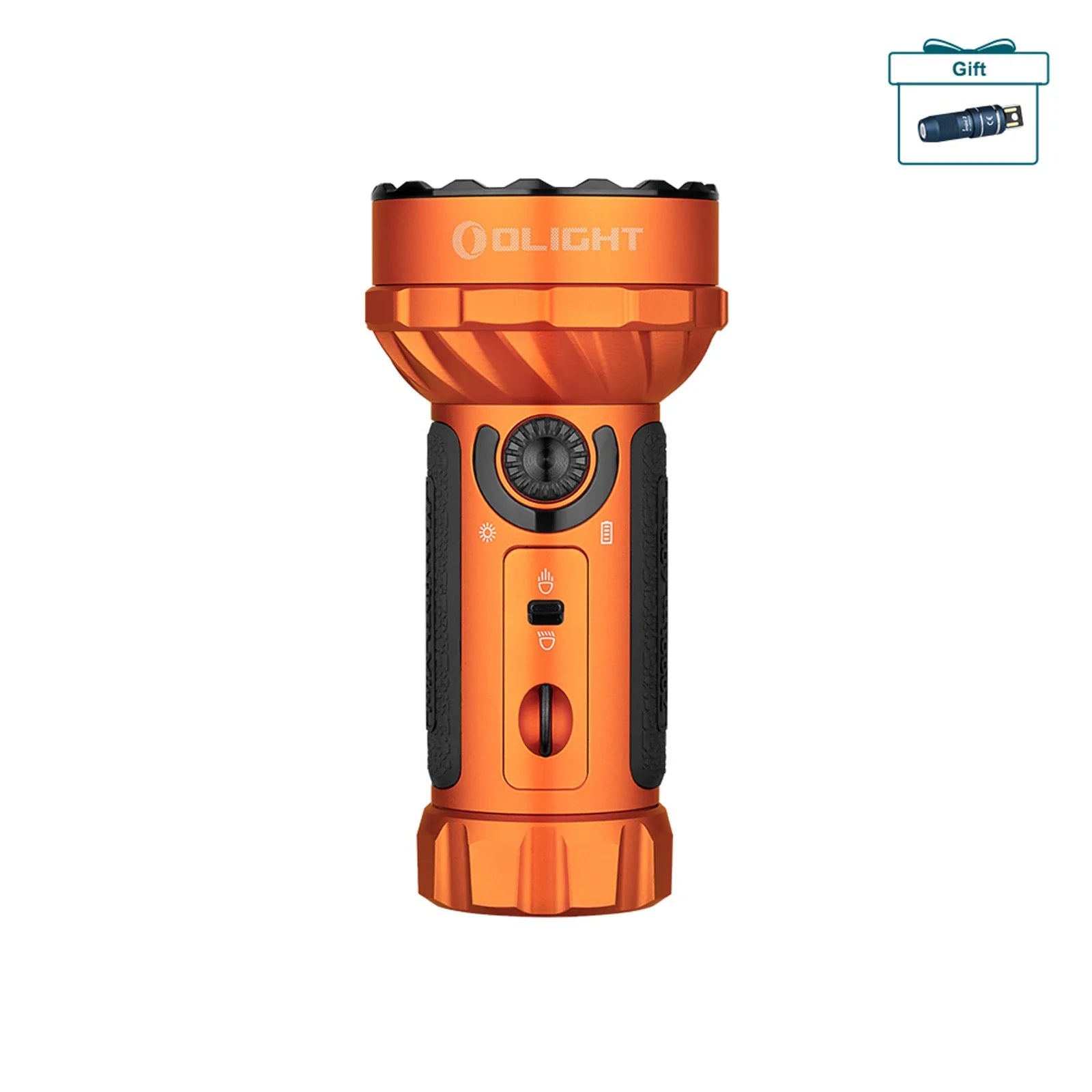 Olight Marauder Mini Orange front view showing the 9 flood LEDs and central spotlight
