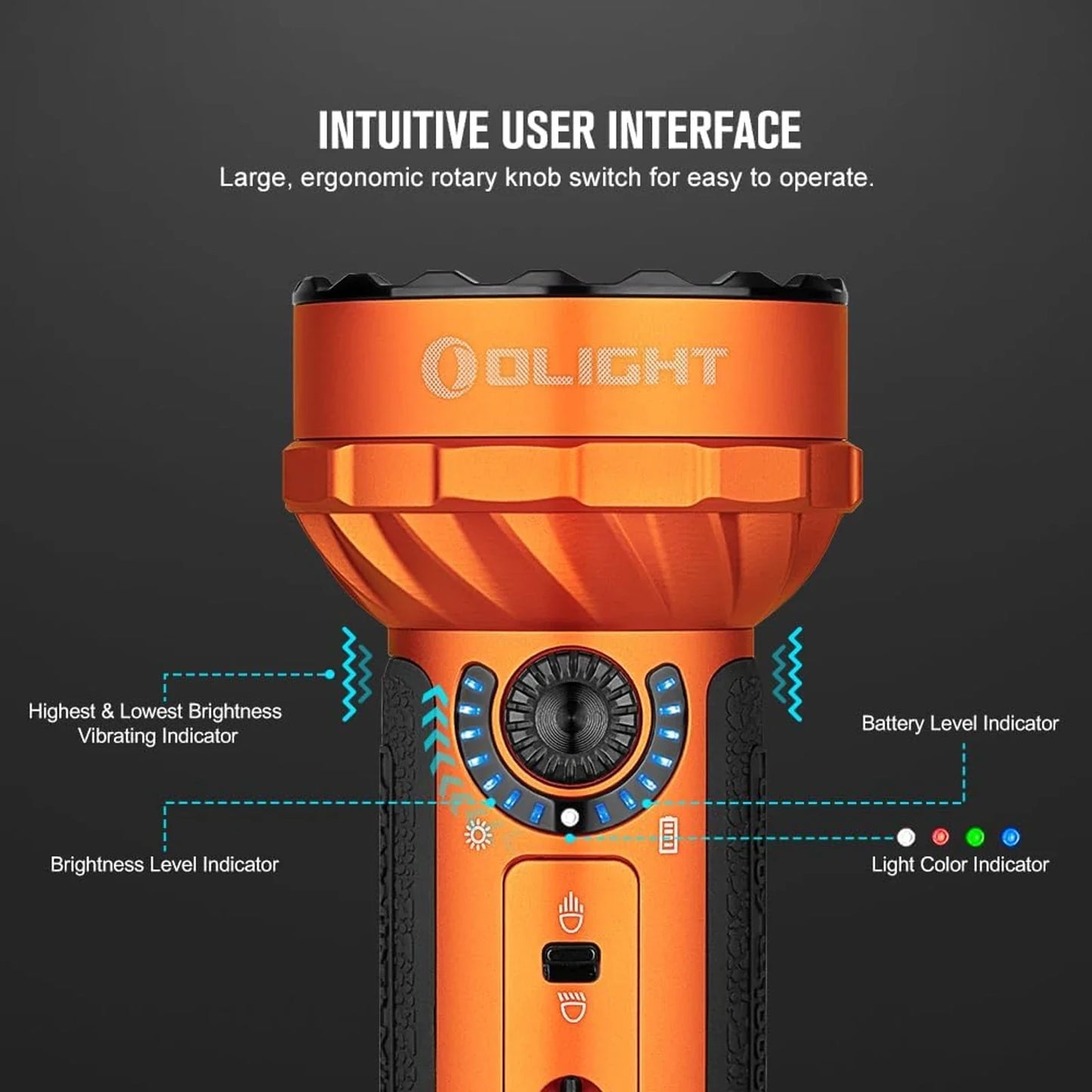 Olight Marauder Mini intuitive rotary knob interface with brightness and battery level indicators