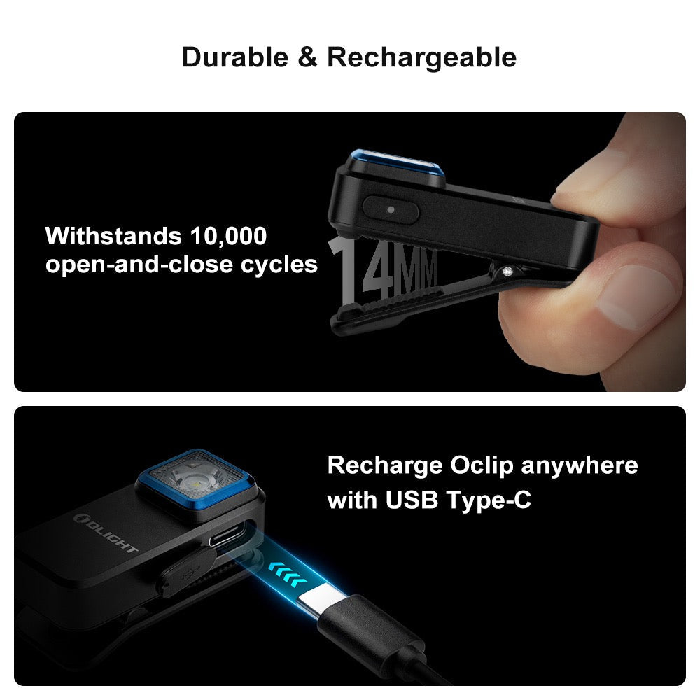 Olight Oclip Black durability and charging – clip withstands 10,000 open-and-close cycles and recharges anywhere via USB-C