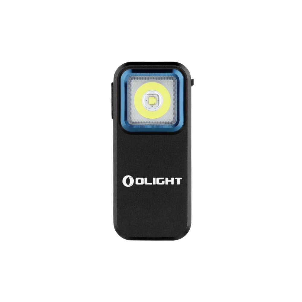 Olight Oclip Black front view – 300 lumen clip-on EDC flashlight with white and red LEDs