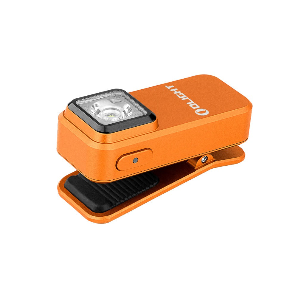 Olight Oclip Orange angled view with the clip opened, showing the magnetic clamp
