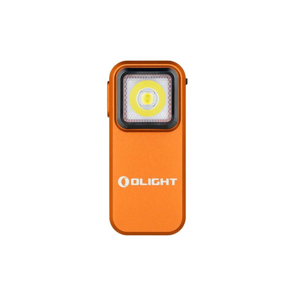 Olight Oclip Orange front view – 300 lumen clip-on EDC flashlight with white and red LEDs
