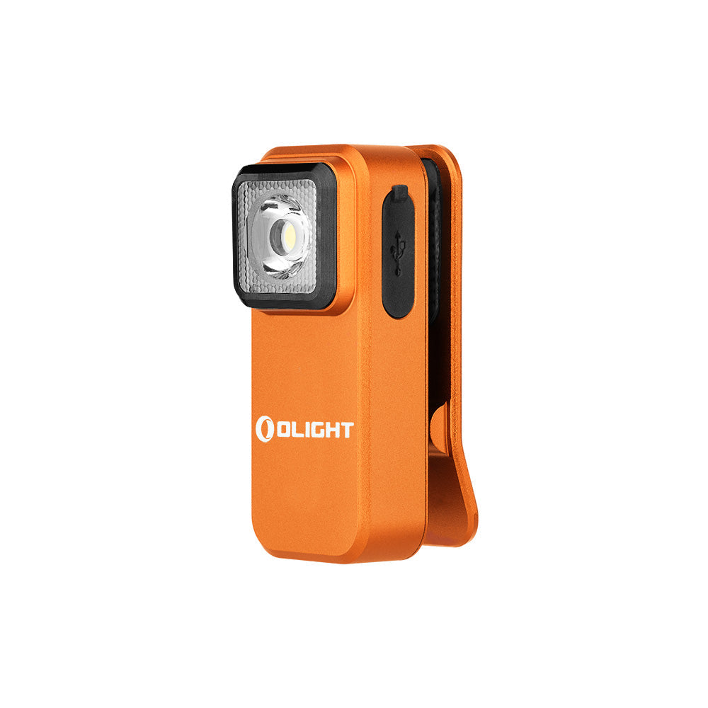 Olight Oclip Orange front view showing the USB-C charging port and pocket clip