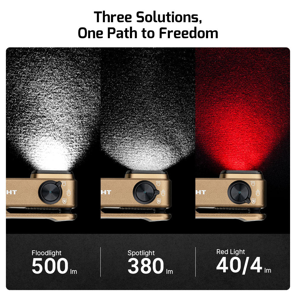 Olight Oclip Pro Ancient Script beam comparison – 500 lumen floodlight, 380 lumen spotlight and 40/4 lumen red light