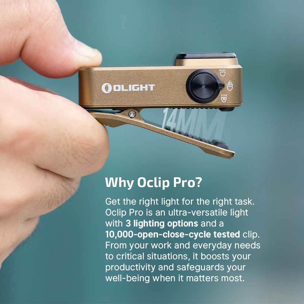 Olight Oclip Pro Ancient Script clip in hand – three lighting options and a 10,000-open-close-cycle tested clip
