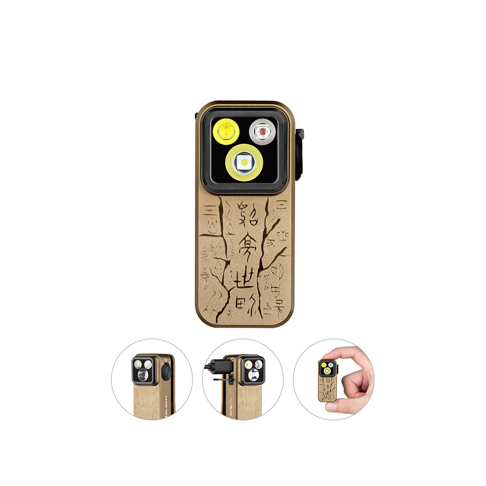 Olight Oclip Pro Ancient Script front view – 500 lumen clip-on EDC flashlight with engraved script pattern