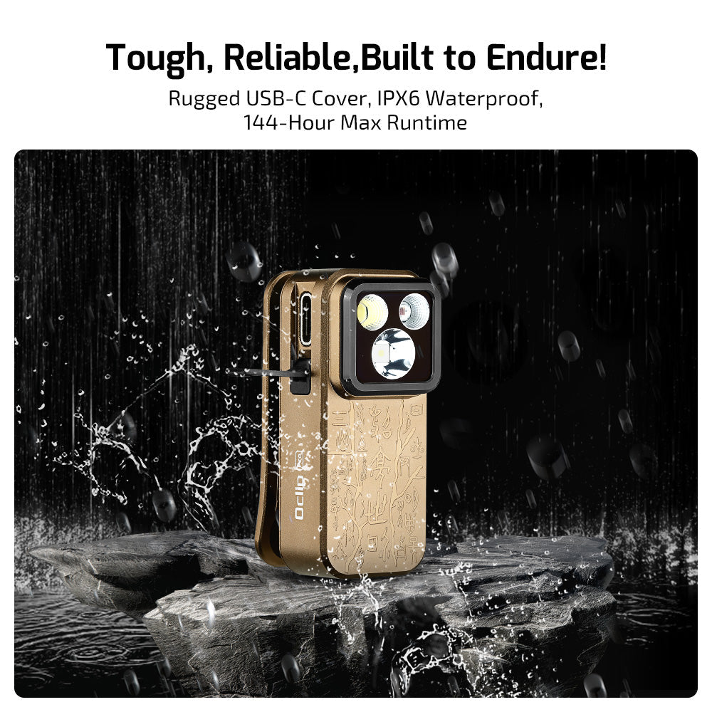 Olight Oclip Pro Ancient Script shown wet – rugged USB-C cover, IPX6 waterproof rating, 144 hour max runtime