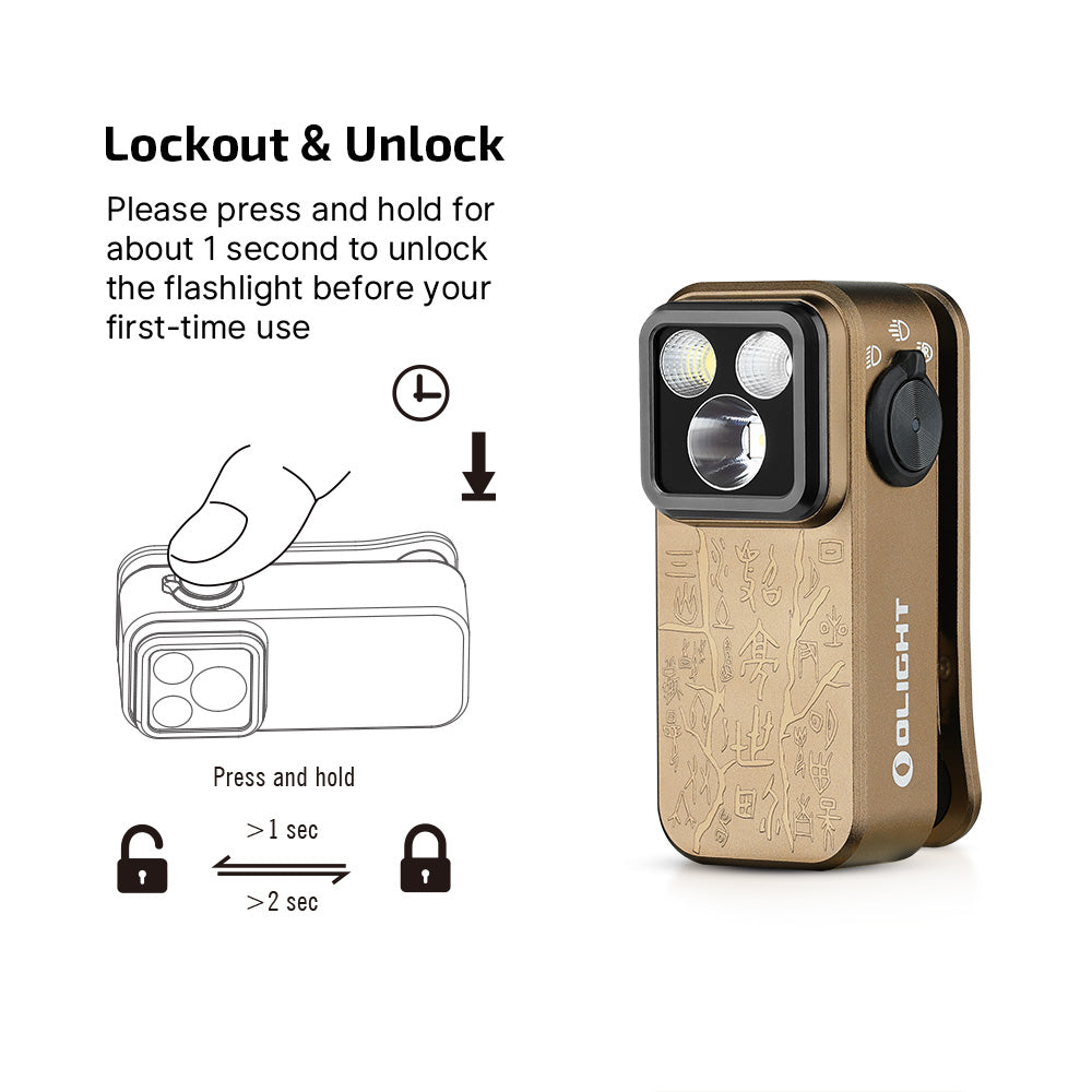 Olight Oclip Pro Ancient Script lockout and unlock – press and hold for about 1 second to unlock before first use