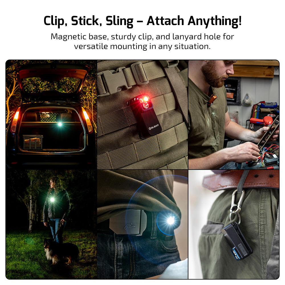 Olight Oclip Pro Ancient Script mounting options – magnetic base, sturdy clip and lanyard hole for versatile mounting