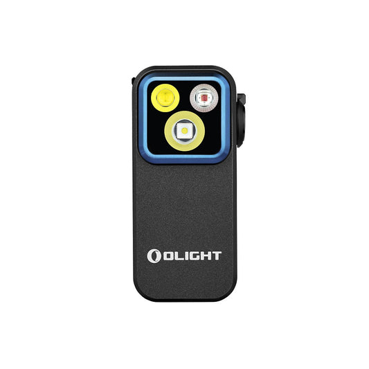 Olight Oclip Pro Black front view – 500 lumen clip-on EDC flashlight with flood, spot and red LEDs