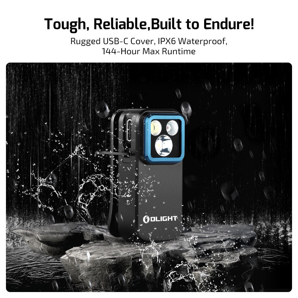 Olight Oclip Pro Black shown wet – rugged USB-C cover, IPX8 waterproof rating, 144 hour max runtime