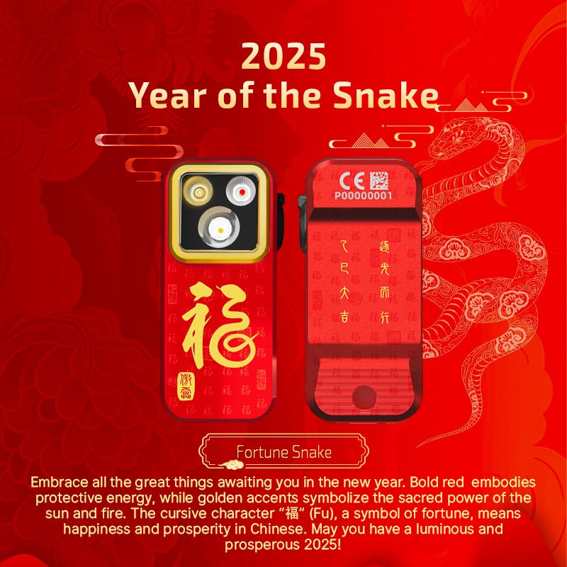 Olight Oclip Pro Fortune Snake 2025 Year of the Snake design – bold red body with gold Fu character detailing