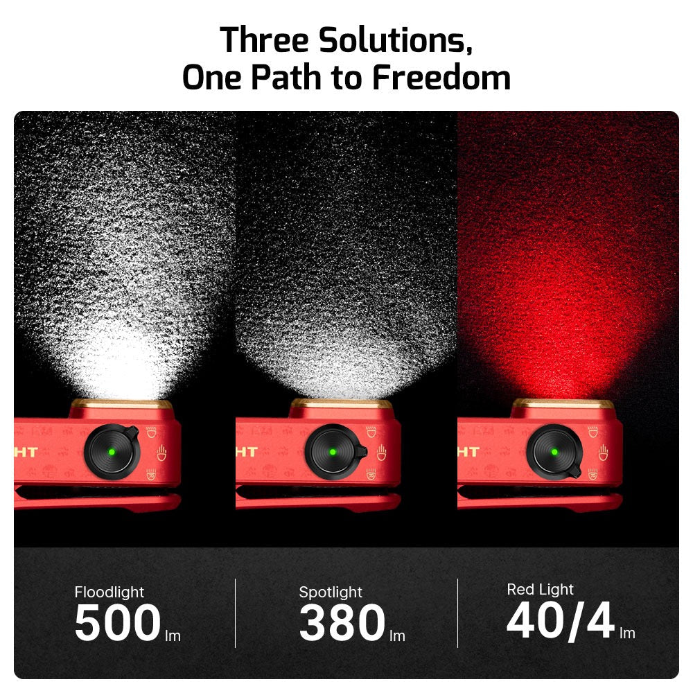 Olight Oclip Pro Fortune Snake beam comparison – 500 lumen floodlight, 380 lumen spotlight and 40/4 lumen red light