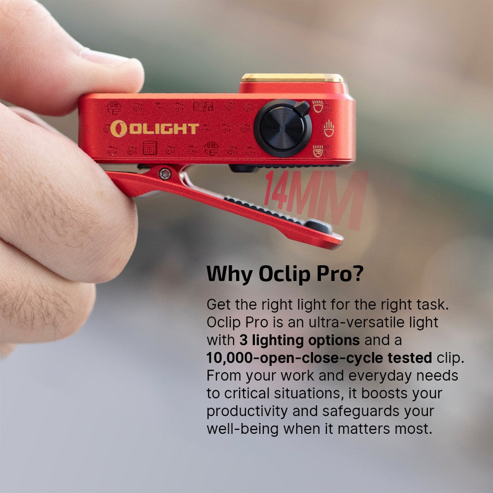 Olight Oclip Pro Fortune Snake clip shown in hand – three lighting options and a 10,000-open-close-cycle tested clip