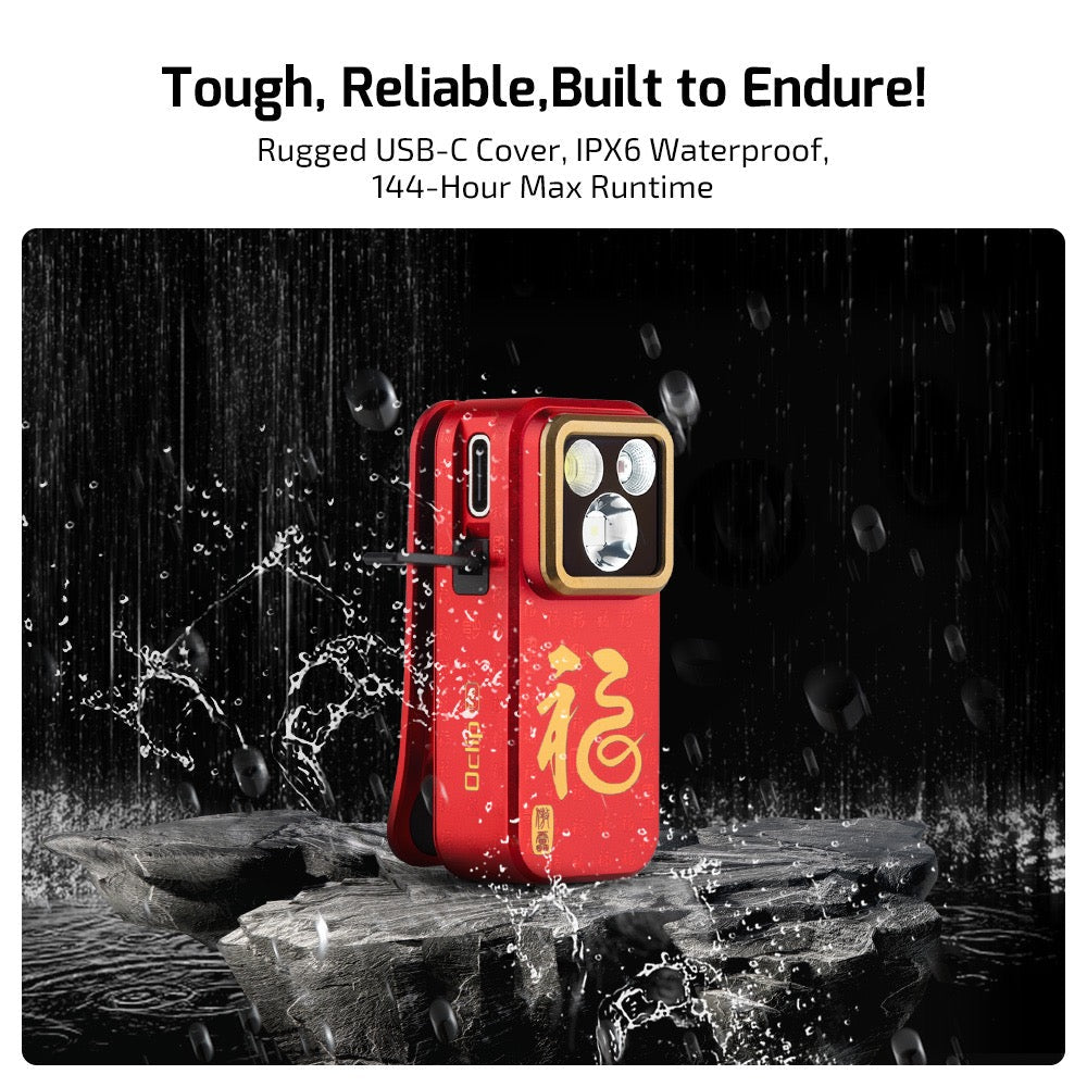 Olight Oclip Pro Fortune Snake shown wet – rugged USB-C cover, IPX8 waterproof rating, 144 hour max runtime