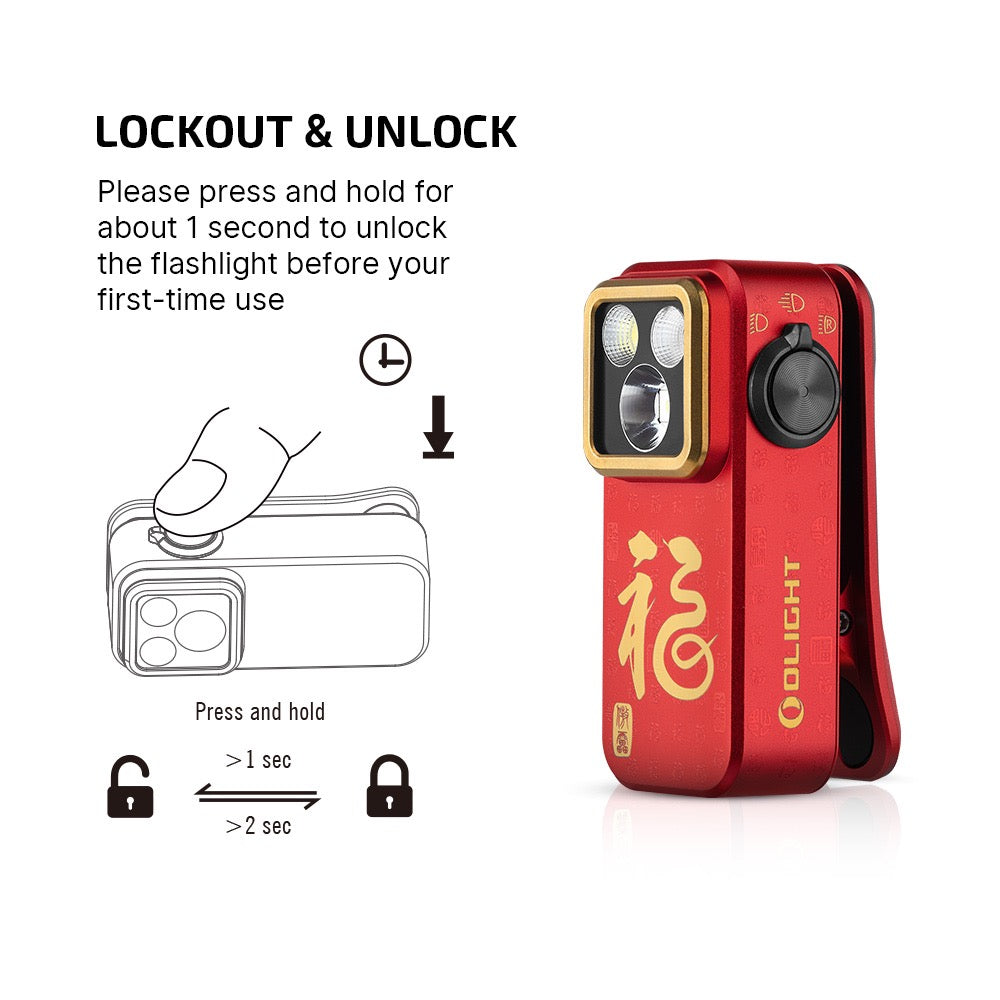 Olight Oclip Pro Fortune Snake lockout and unlock instructions – press and hold for about 1 second to unlock