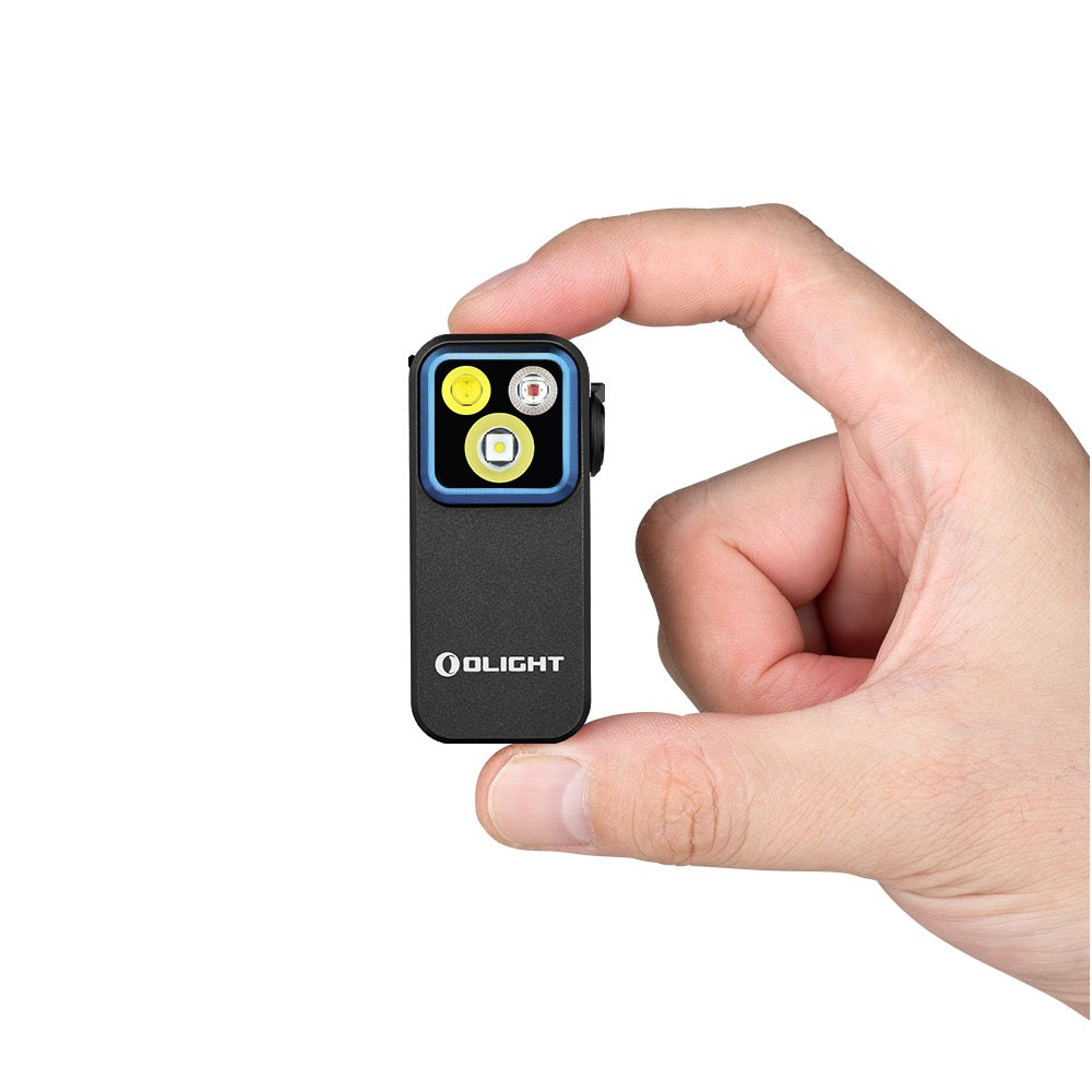 Olight Oclip Pro Black held between fingers showing its compact clip-on size