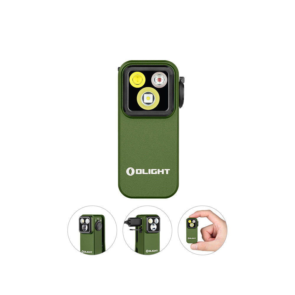 Olight Oclip Pro OD Green front view – 500 lumen clip-on EDC flashlight with flood, spot and red LEDs