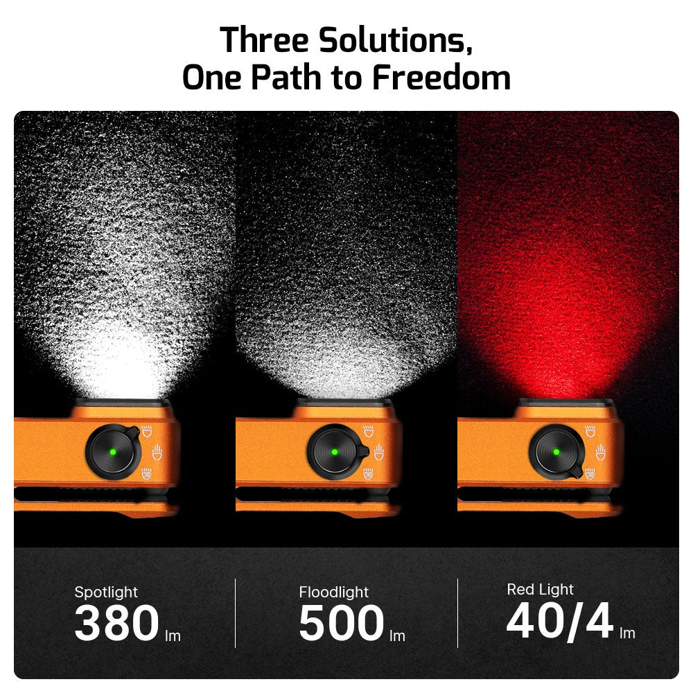 Olight Oclip Pro Orange beam comparison – 380 lumen spotlight, 500 lumen floodlight and 40/4 lumen red light