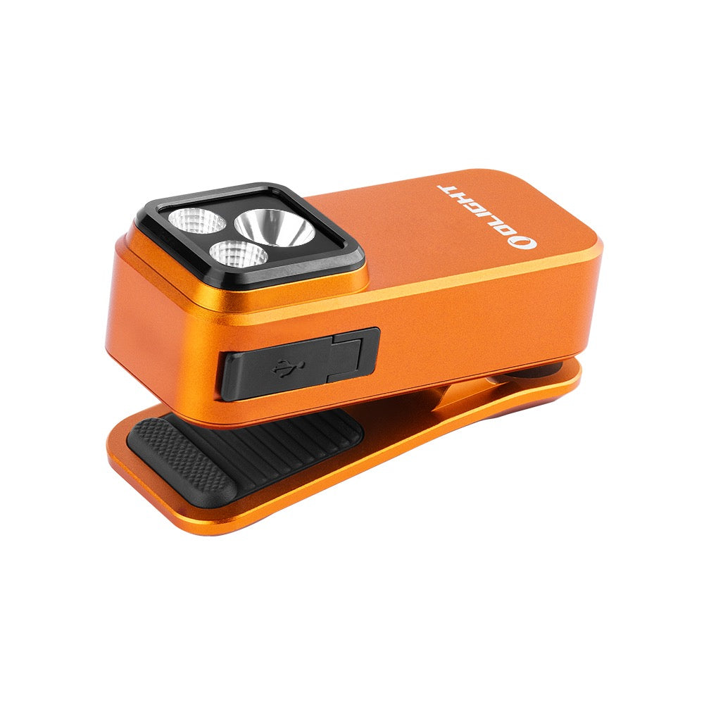 Olight Oclip Pro Orange side view showing the sturdy spring clip and magnetic base