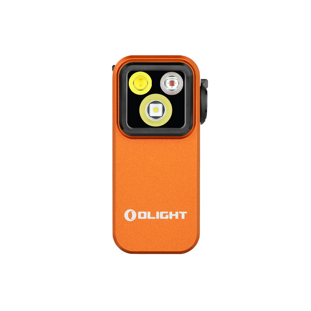 Olight Oclip Pro Orange front view – 500 lumen clip-on EDC flashlight with flood, spot and red LEDs