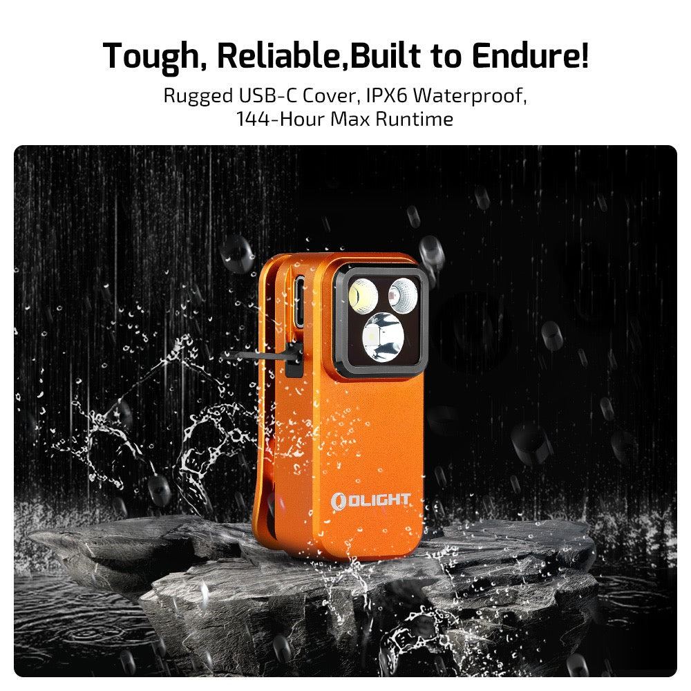 Olight Oclip Pro Orange shown wet – rugged USB-C cover, IPX8 waterproof rating, 144 hour max runtime