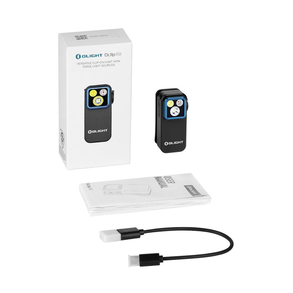 Olight Oclip Pro package contents – clip light, USB-C charging cable, user manual and retail box