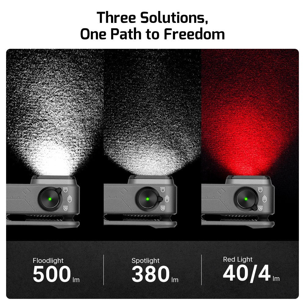 Olight Oclip Pro Phantom Squadron beam comparison – 500 lumen floodlight, 380 lumen spotlight and 40/4 lumen red light