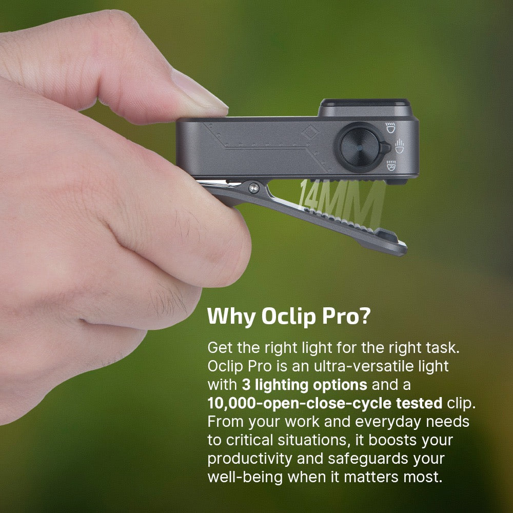 Olight Oclip Pro Phantom Squadron clip in hand – three lighting options and a 10,000-open-close-cycle tested clip
