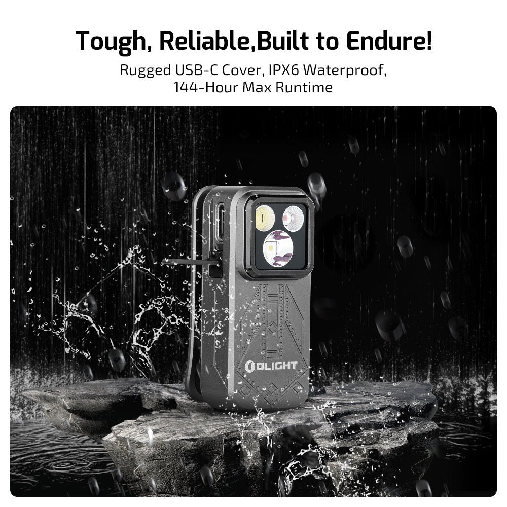 Olight Oclip Pro Phantom Squadron shown wet – rugged USB-C cover, IPX6 waterproof rating, 144 hour max runtime