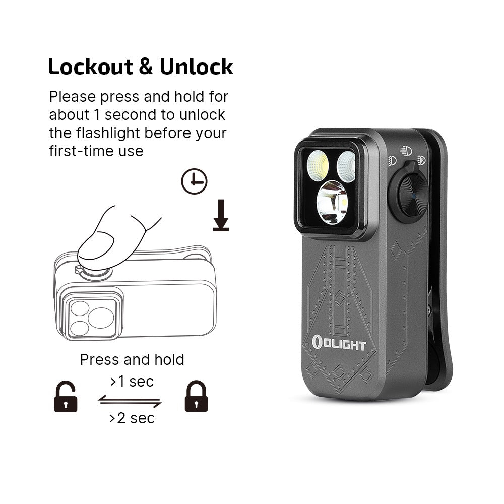 Olight Oclip Pro Phantom Squadron lockout and unlock – press and hold for about 1 second to unlock before first use