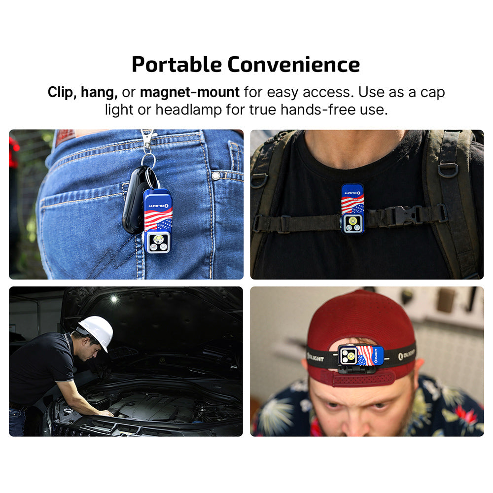 Olight Oclip Pro S Stars and Stripes clipped to jeans pocket for hands-free carry