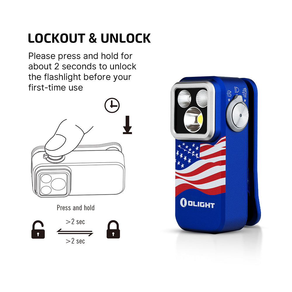 Olight Oclip Pro S Stars and Stripes lockout and unlock controls detail