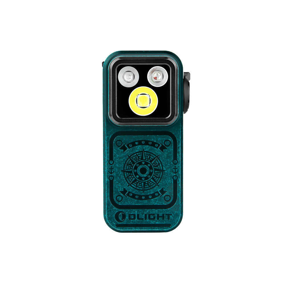 Olight Oclip Pro S Sunken Artifact front view – weathered teal body with compass and anchor engraving, showing white, UV and RGB emitters