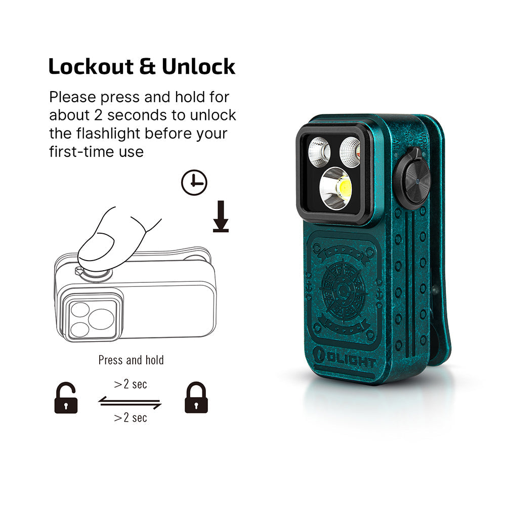 Olight Oclip Pro S Sunken Artifact lockout function and controls detail
