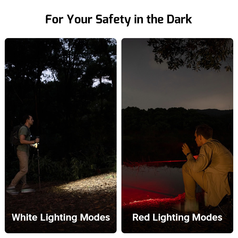 Olight Oclip Pro white lighting modes and red lighting modes shown outdoors at night