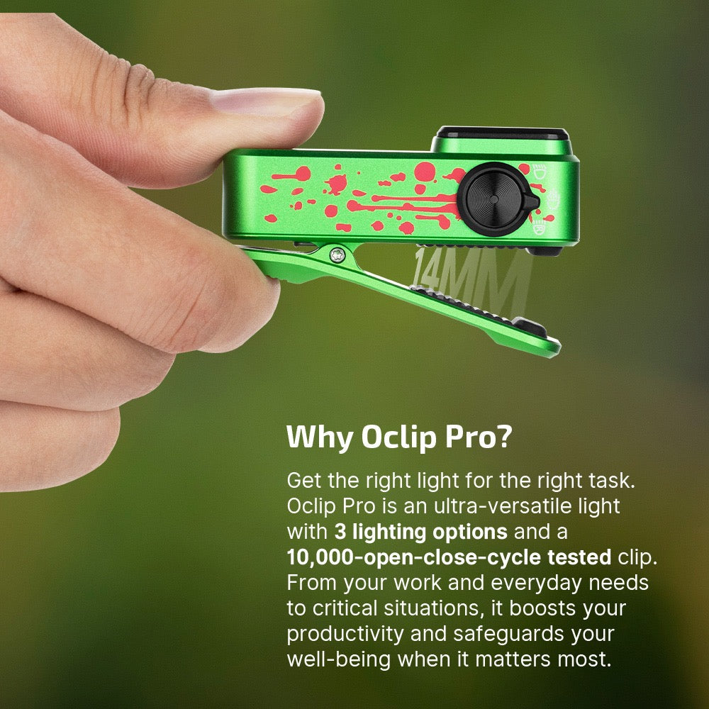 Olight Oclip Pro Zombie Green clip in hand – three lighting options and a 10,000-open-close-cycle tested clip