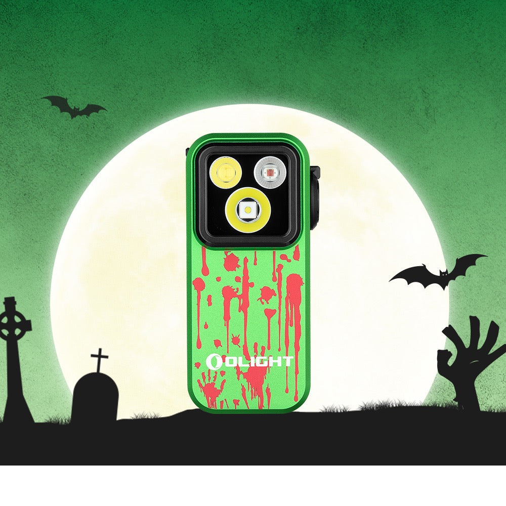 Olight Oclip Pro Zombie Green front view – 500 lumen clip-on EDC flashlight with green and red splatter finish