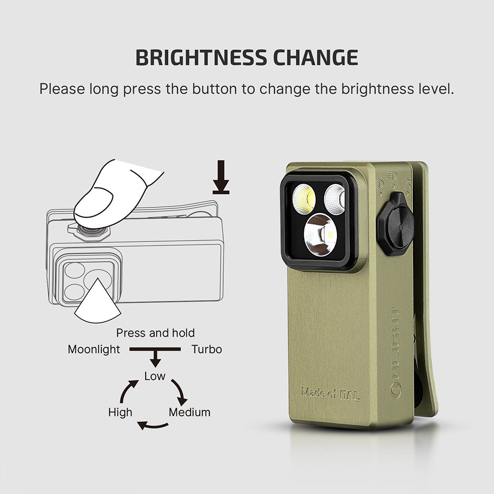 Olight Oclip Ultra Olive Green brightness change – long press the button to cycle moonlight, low, medium, high and turbo