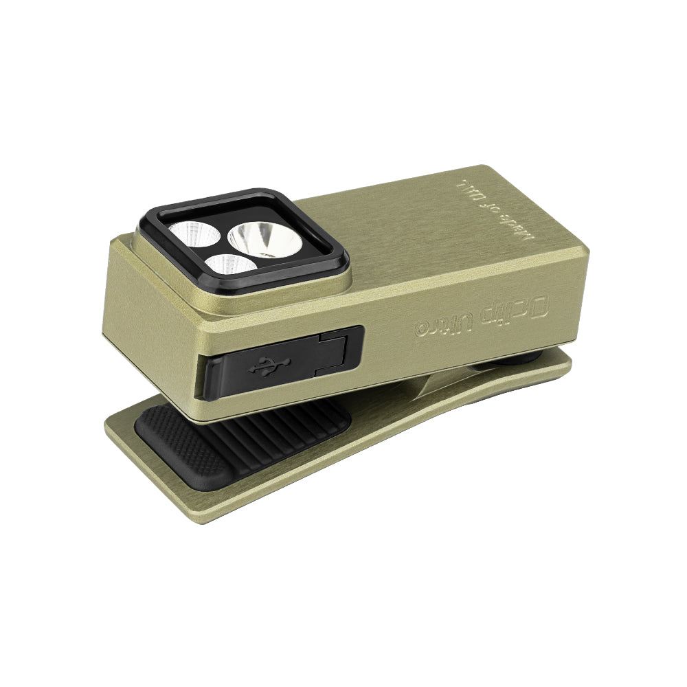 Olight Oclip Ultra Olive Green shown with the clip opened, highlighting the magnetic clamp design