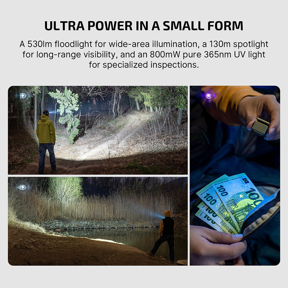 Olight Oclip Ultra Olive Green output – 530 lumen floodlight for wide-area illumination, 130 meter spotlight and 800mW 365nm UV light for inspections