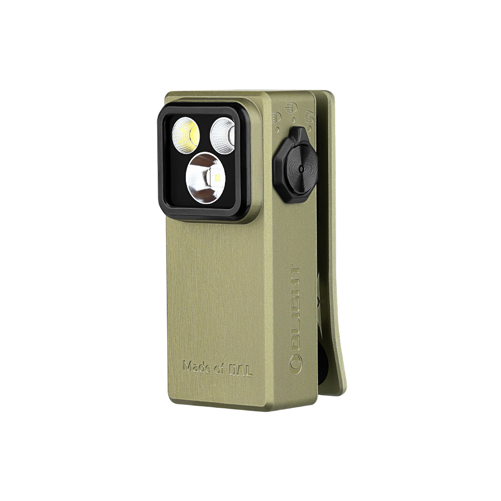 Olight Oclip Ultra Olive Green front view – 530 lumen clip-on EDC flashlight with flood, spot and 365nm UV LEDs