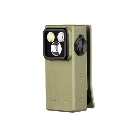 Olight Oclip Ultra Olive Green front view – 530 lumen clip-on EDC flashlight with flood, spot and 365nm UV LEDs