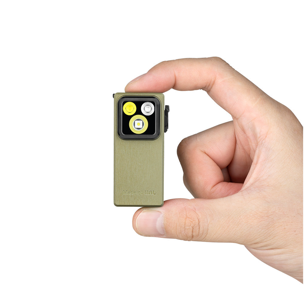 Olight Oclip Ultra Olive Green held between fingers showing its compact clip-on size