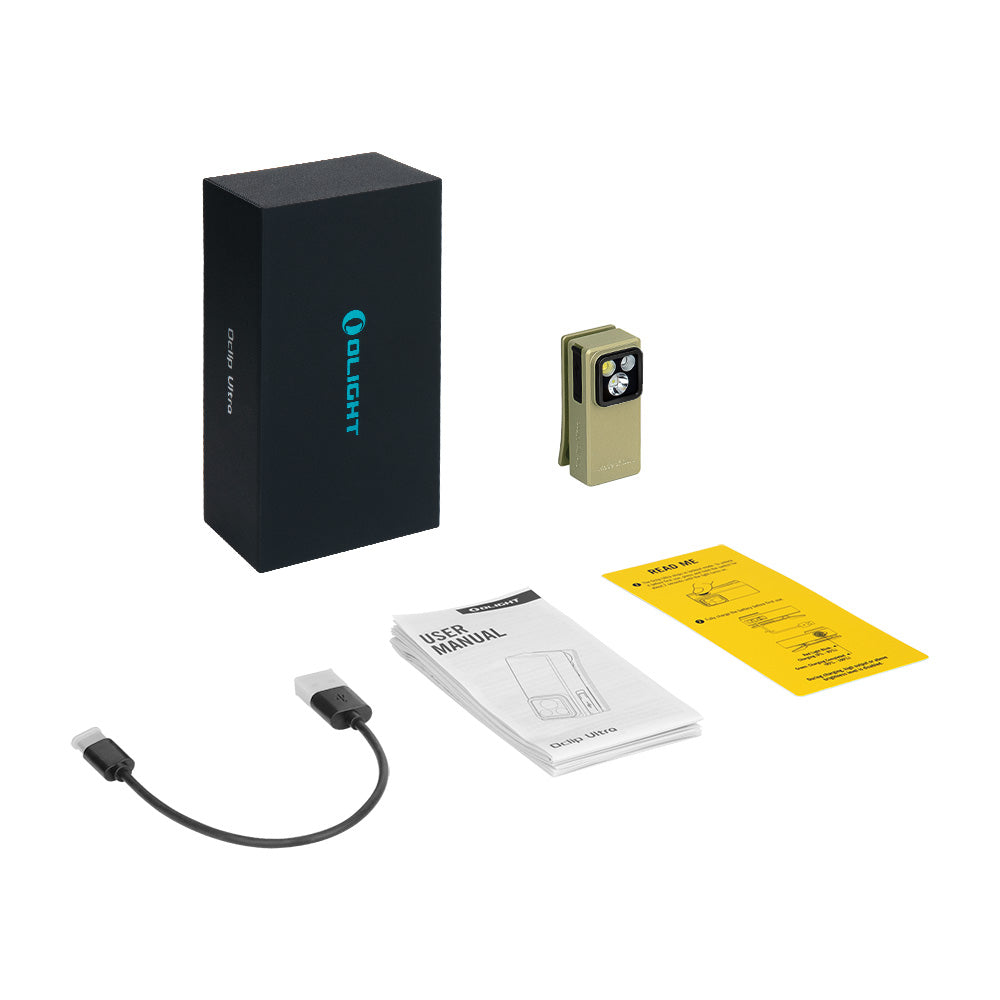 Olight Oclip Ultra Olive Green package contents – clip light, USB-C charging cable, user manual and gift box