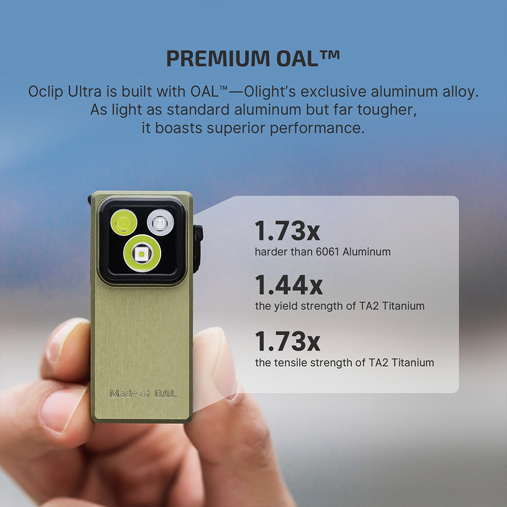 Olight Oclip Ultra Olive Green premium OAL aluminum alloy – 1.73x harder than 6061 aluminum, 1.44x the yield strength and 1.73x the tensile strength of TA2 titanium